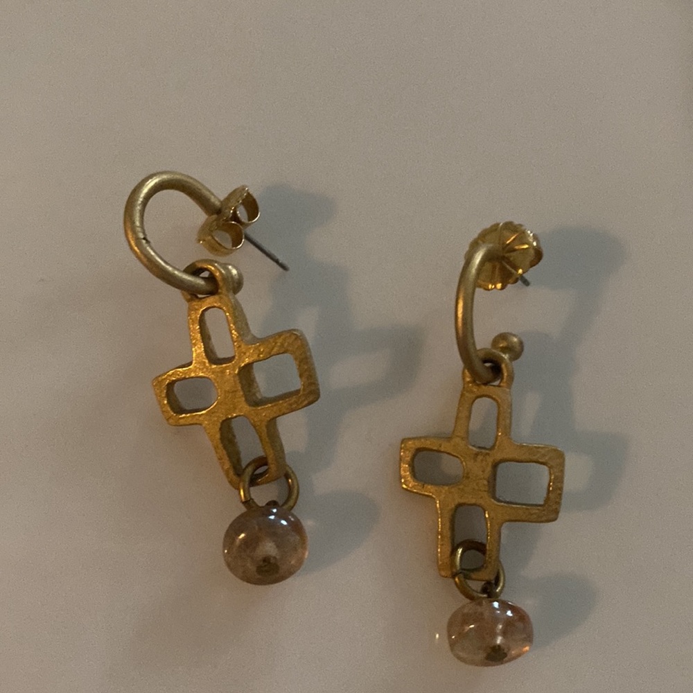 One of a kind organic shaped gold toned cross earrings